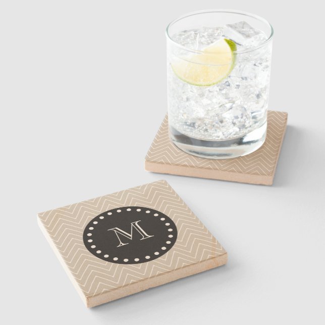 Beige Chevron Pattern | Black Monogram Stone Coaster (Side)