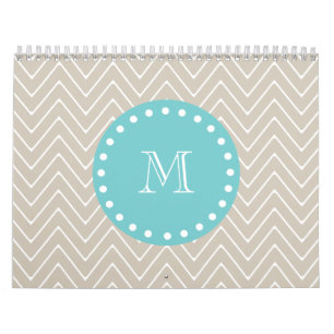 Beige Chevron Pattern Teal Monogram Calendar