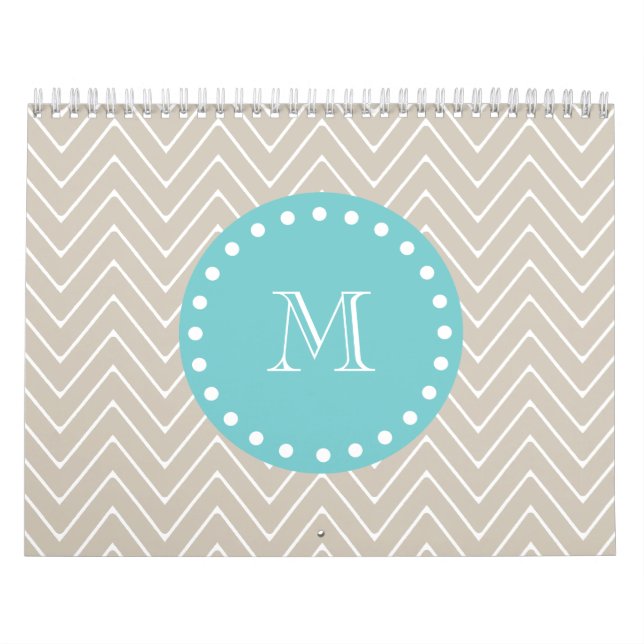 Beige Chevron Pattern | Teal Monogram Calendar (Cover)