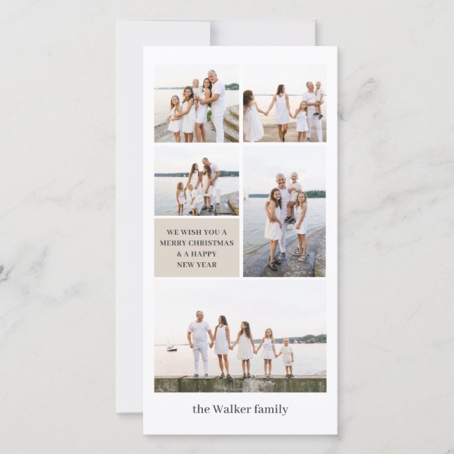 Beige Chic Modern Neutral 5 Photo Elegant Tall Holiday Card (Front)