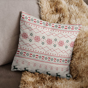 Beige Christmas Pattern Reindeer Snowflakes Throw Pillow