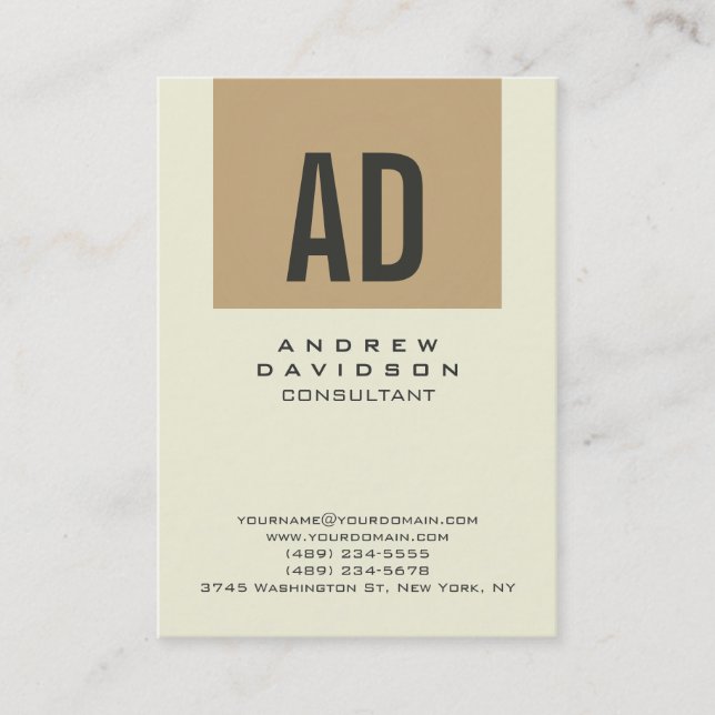 Beige Chubby Trend Vertical Monogram Business Card (Front)