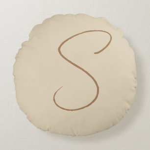 Beige Classical Handwritten Initial Monogram Round Pillow
