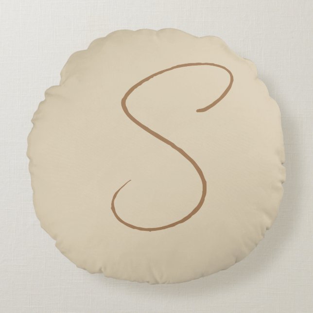 Beige Classical Handwritten Initial Monogram Round Pillow (Front)