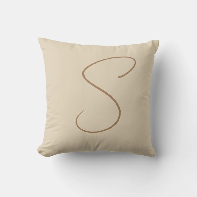 Beige Classical Handwritten Initial Monogram Throw Pillow (Front)