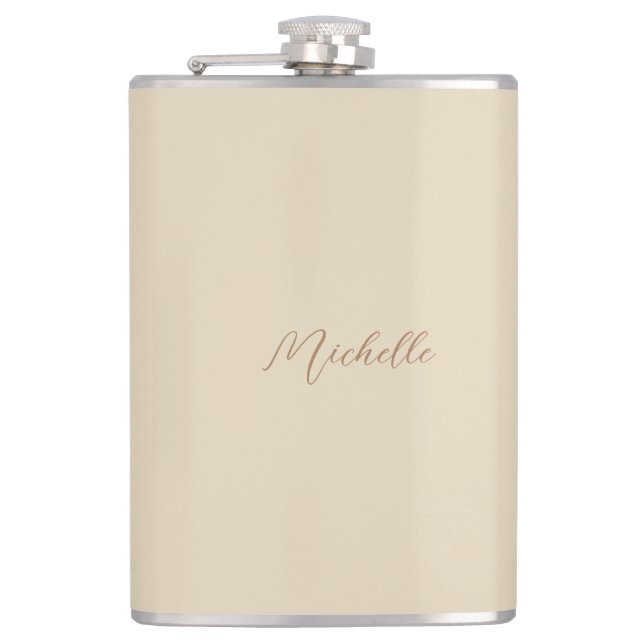 Beige Classical Professional Handwritten Name Hip Flask (Front)