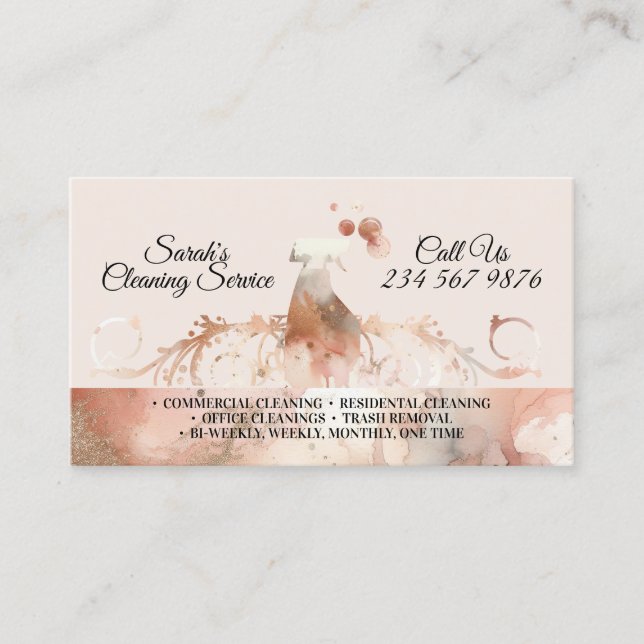Beige Classy Maid Cleaning Services Watercolor Business Card (Front)
