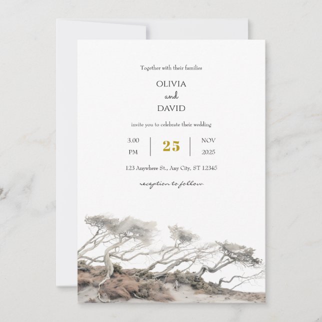 Beige Coastal Windswept Trees View Beach Wedding  Invitation (Front)