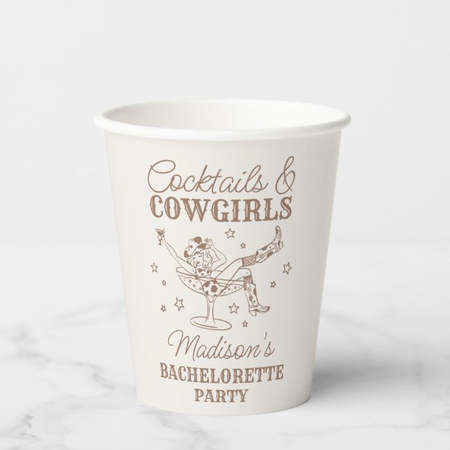 Beige Cocktails and Cowgirls Rodeo Bachelorette Paper Cups (Front)
