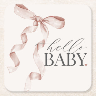 Beige Coquette Bow Girl Baby Shower Decor Square Paper Coaster