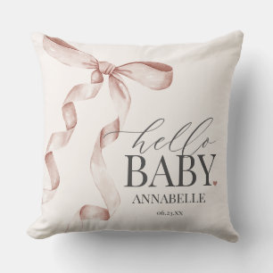 Beige Coquette Bow Girl Baby Shower Gift Throw Pillow