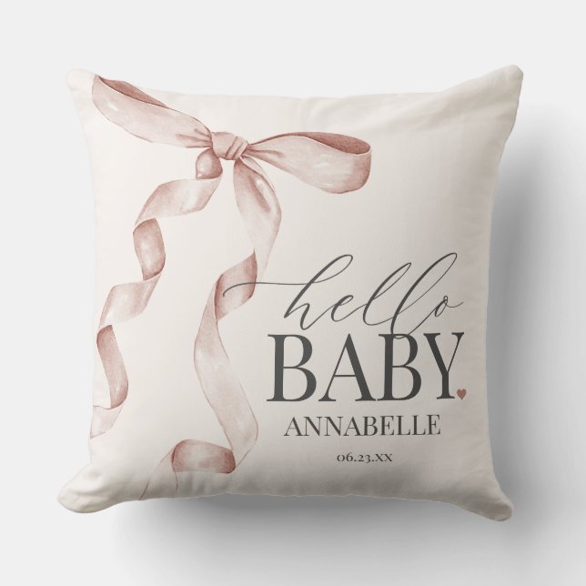 Beige Coquette Bow Girl Baby Shower Gift Throw Pillow (Front)
