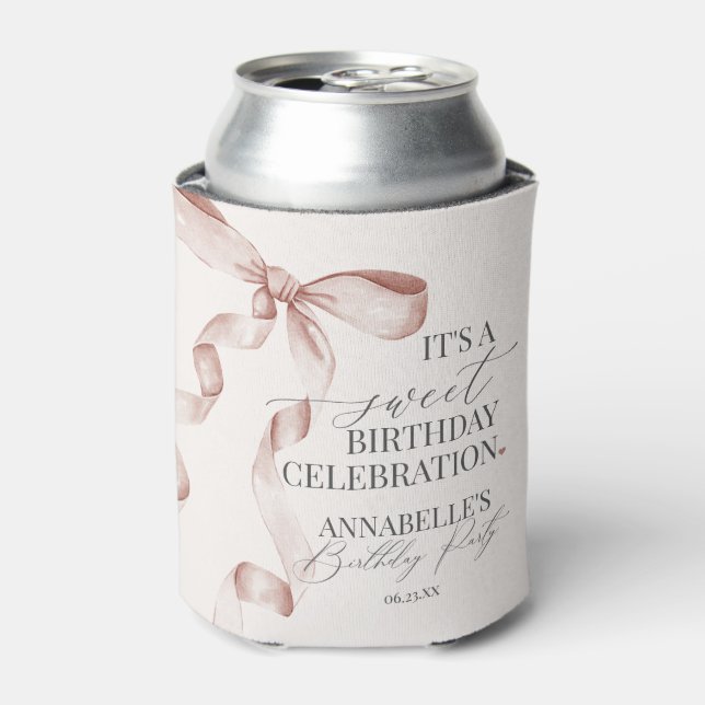 Beige Coquette Bow Girl Birthday Party Favours Can Cooler (Can Front)