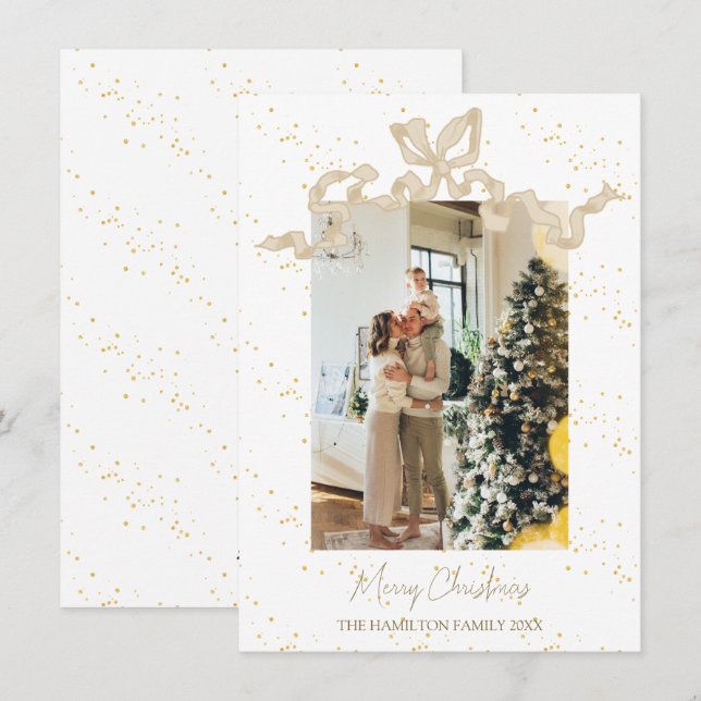 Beige Coquette Bow Photo Christmas   Holiday Card (Front/Back)