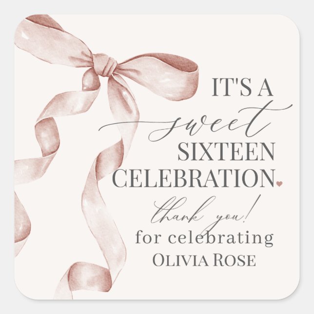 Beige Coquette Bow Sweet 16 Birthday Party Favour Square Sticker (Front)