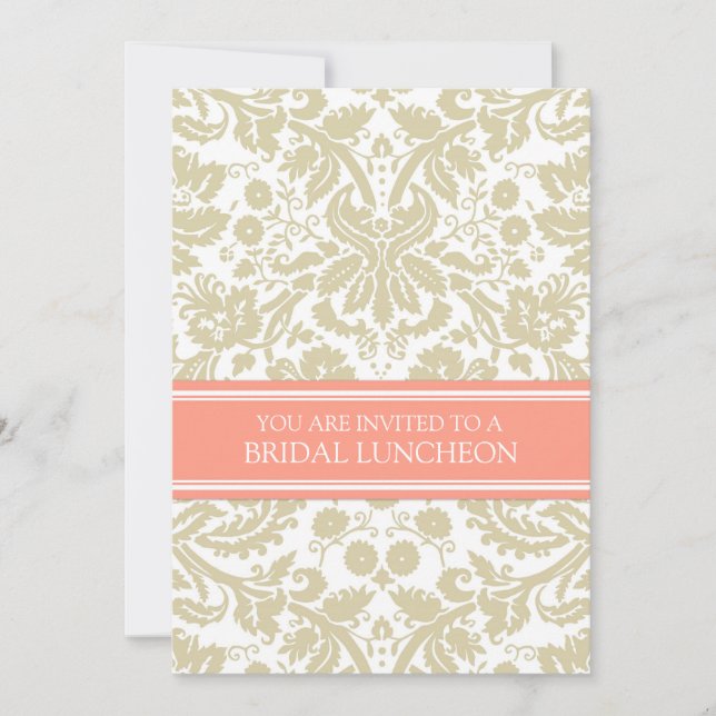 Beige Coral Damask Bridal Lunch Invitation (Front)