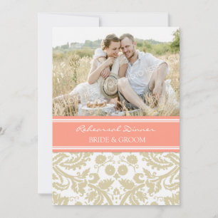 Beige Coral Damask Photo Rehearsal Dinner Party Invitation