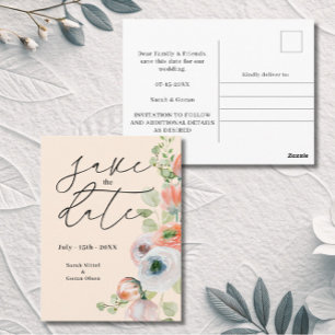 Beige Coral Floral Wedding Save the date  Postcard