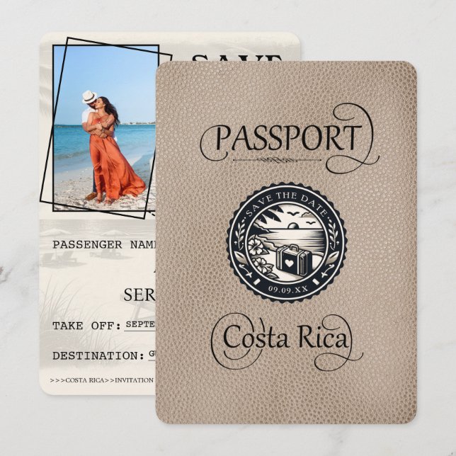 Beige Costa Rica Passport Save The Date (Front/Back)