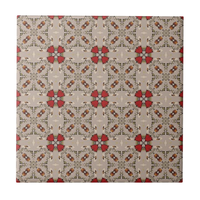 Beige Cranberry Red Square Pattern Geometric Tile (Front)