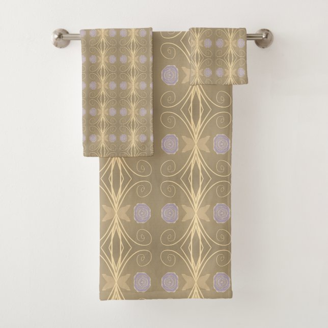 Beige Cream And Purple Bath Towel Set (Insitu)