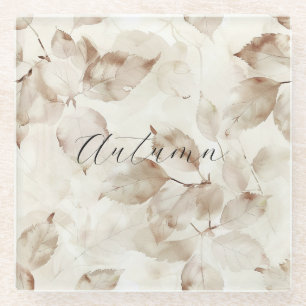 Beige Cream Autumn Leaves Glass Coaster