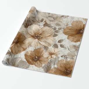 Beige Cream Brown Flower Pastel Boho 70s Vintage Wrapping Paper