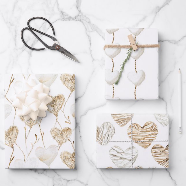 Beige Cream Brown White Hearts Boho Birthday Wrapping Paper Sheet (Front)