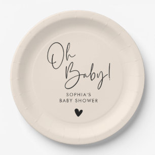Beige Cream Oh Baby Modern Boho Baby Shower Paper Plate