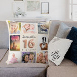 Beige cream photo collage Sweet 16 Throw Pillow<br><div class="desc">A unique gift for a girl's Sweet 16, 16th birthday, celebrating her life with a collage of 8 of your own photos, pictures. Personalize and add her name and a date. A beige, cream coloured background. The name is written with a modern hand lettered style script, number 16 with a...</div>