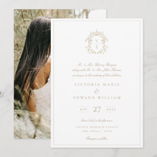 Beige Crest Monogram Wedding Photo Invitation
