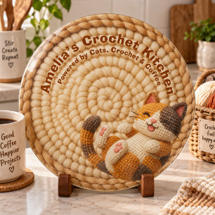 Beige Crochet Cat Mom Custom Name Kitchen Cutting Board