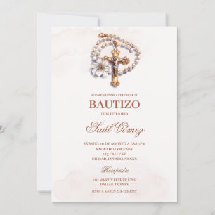 Beige crucifix Baptism Spanish Invitation