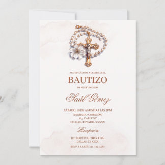 Beige crucifix Baptism Spanish Invitation