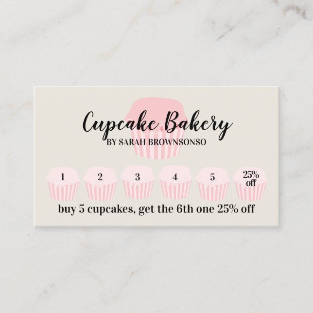 Beige Cupcake Bakery Cafe Loyalty Punch Discount Business Card (Front)