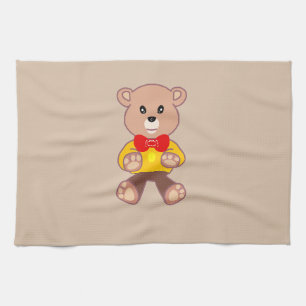 Beige Cute Bowtie Teddy Bear Kitchen Towel