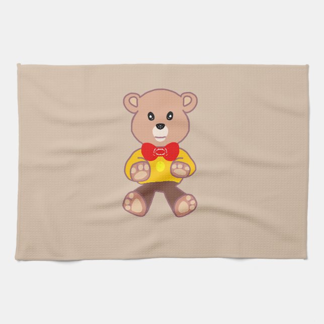 Beige Cute Bowtie Teddy Bear  Kitchen Towel (Horizontal)