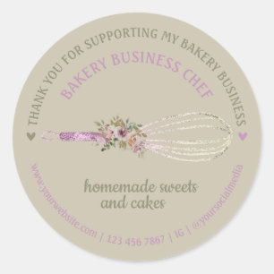Beige Cute Catering Bakery Chef Glitter Whisk Classic Round Sticker