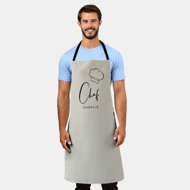 Beige cute hat and script personalized chef apron (Worn)