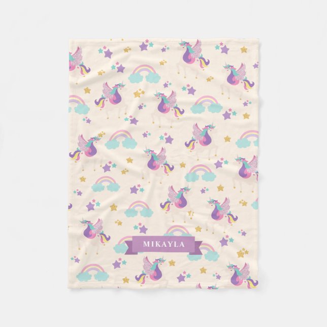 Beige | Cute Rainbow Unicorn Pattern Fleece Blanket (Front)