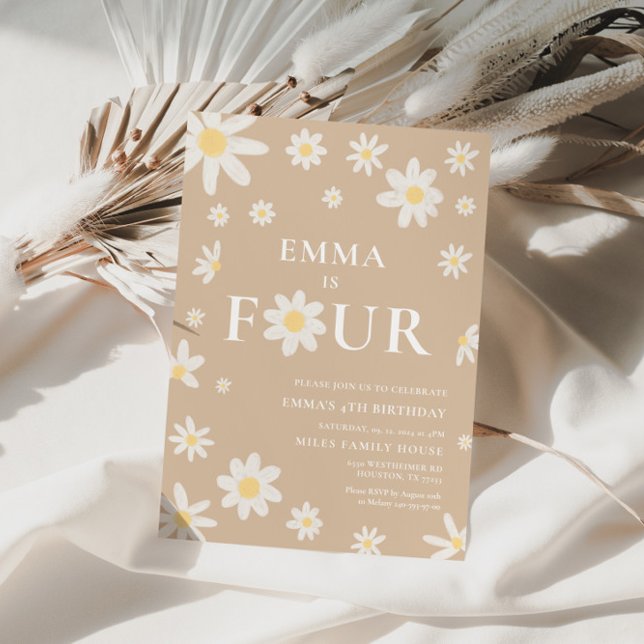 Beige Daisy Fourth 4th Four Birthday Invitation (Creator Uploaded)