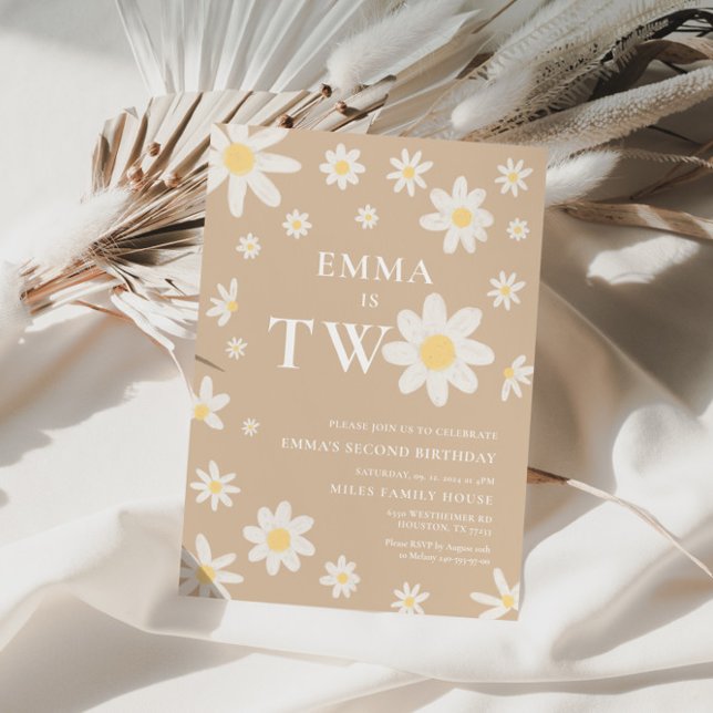 Beige Daisy Second 2nd Birthday invitation Two (Creator Uploaded)