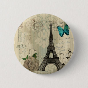 beige Damask butterfly rose Paris Eiffel Tower 2 Inch Round Button