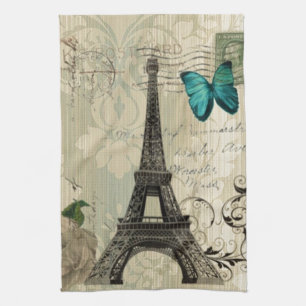 beige Damask butterfly rose Paris Eiffel Tower Kitchen Towel