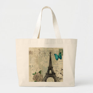 beige Damask butterfly rose Paris Eiffel Tower Large Tote Bag