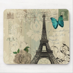 beige Damask butterfly rose Paris Eiffel Tower Mouse Pad