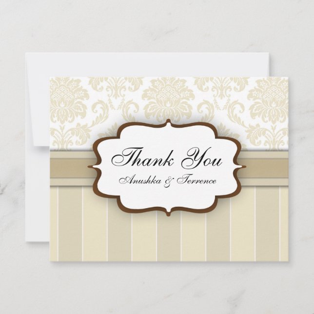 Beige Damask Stripe Wedding Thank You (Front)