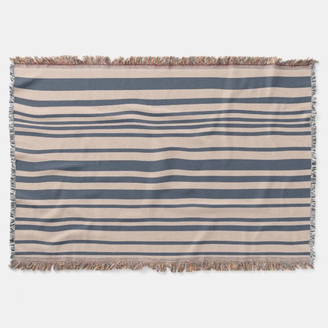Beige/Deep Blue Grey Simple Stylish Stripe Pattern Throw Blanket (Front)