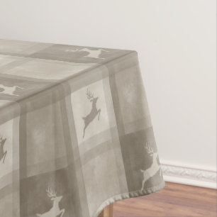 Beige Deer Plaid Watercolor Texture Christmas Tablecloth