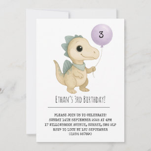 Beige Dino with Blue Spikes and Balloon Birthday Invitation